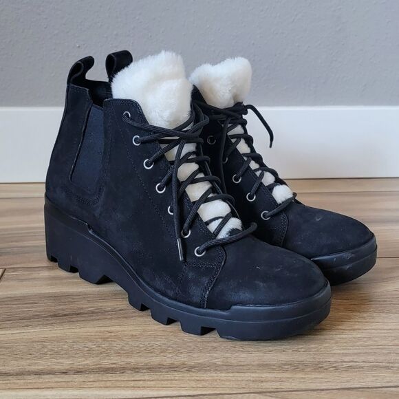 🆕️ Eileen Fisher Calm Chelsea Shearling Lamb Fur Lace Up Boot Timbled Nubuck - Picture 1 of 14